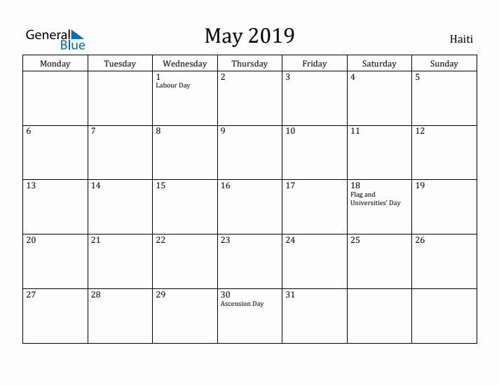 May 2019 Calendar Haiti