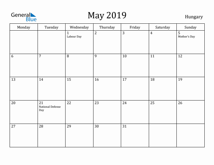 May 2019 Calendar Hungary