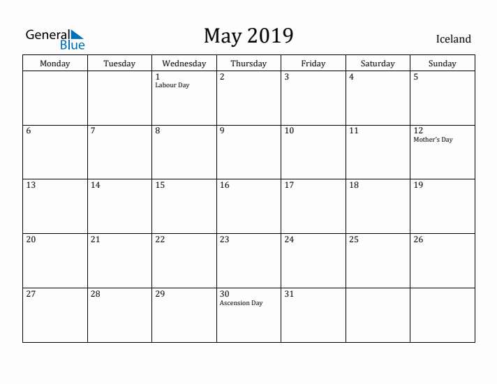 May 2019 Calendar Iceland