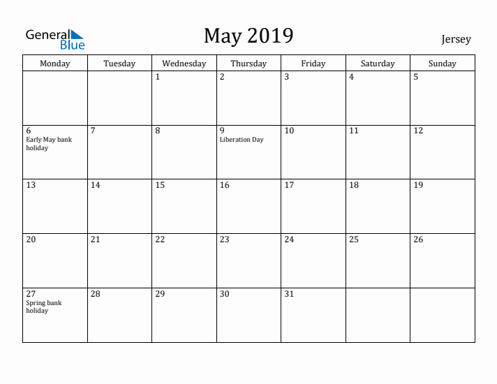 May 2019 Calendar Jersey