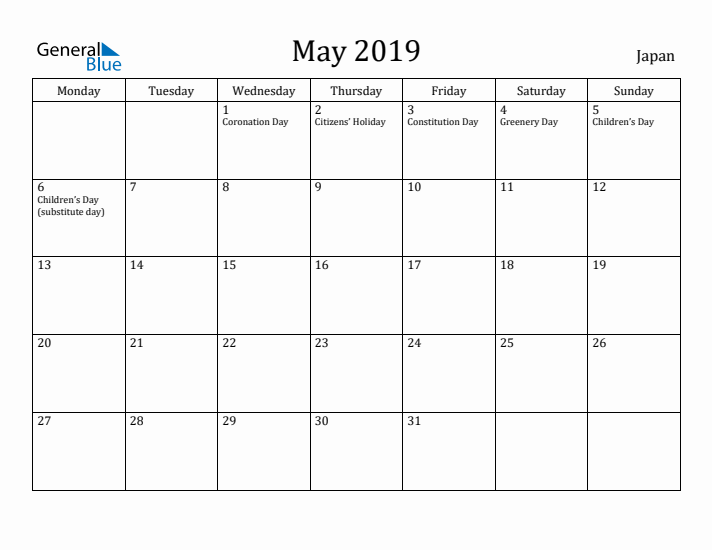 May 2019 Calendar Japan