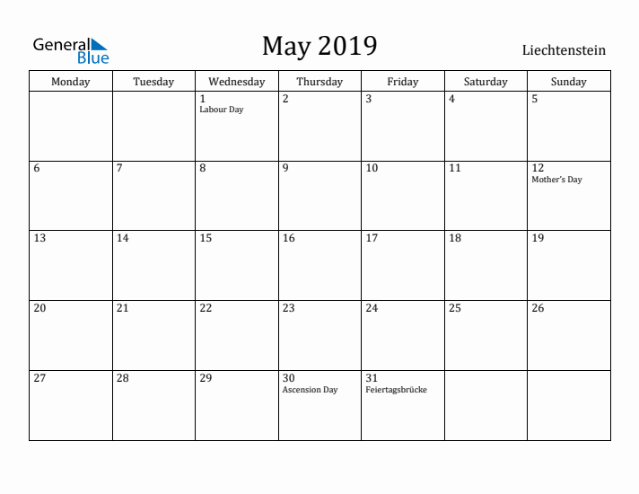 May 2019 Calendar Liechtenstein