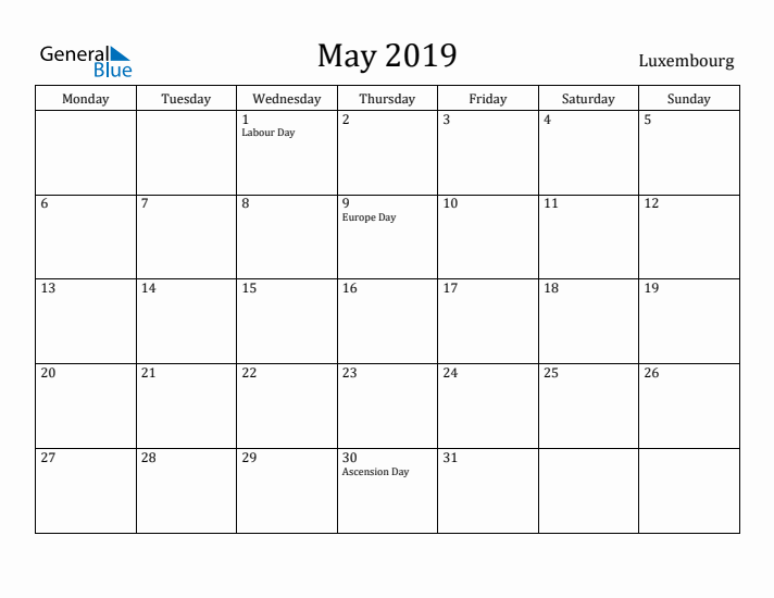 May 2019 Calendar Luxembourg
