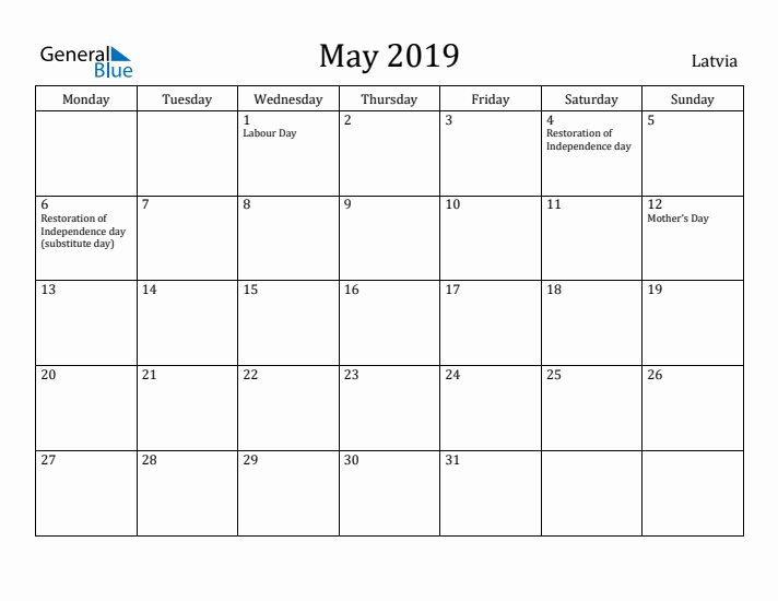 May 2019 Calendar Latvia