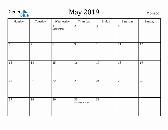May 2019 Calendar Monaco