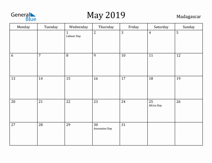 May 2019 Calendar Madagascar