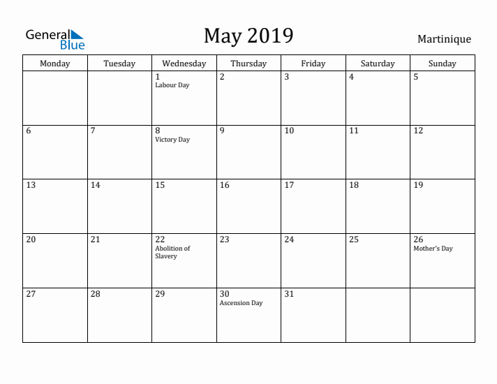 May 2019 Calendar Martinique