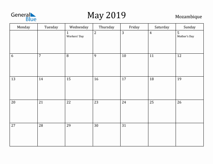 May 2019 Calendar Mozambique