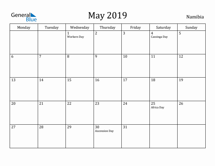 May 2019 Calendar Namibia