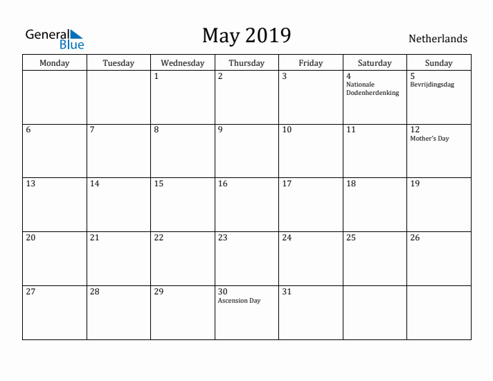 May 2019 Calendar The Netherlands