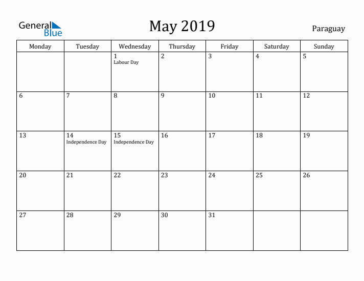 May 2019 Calendar Paraguay