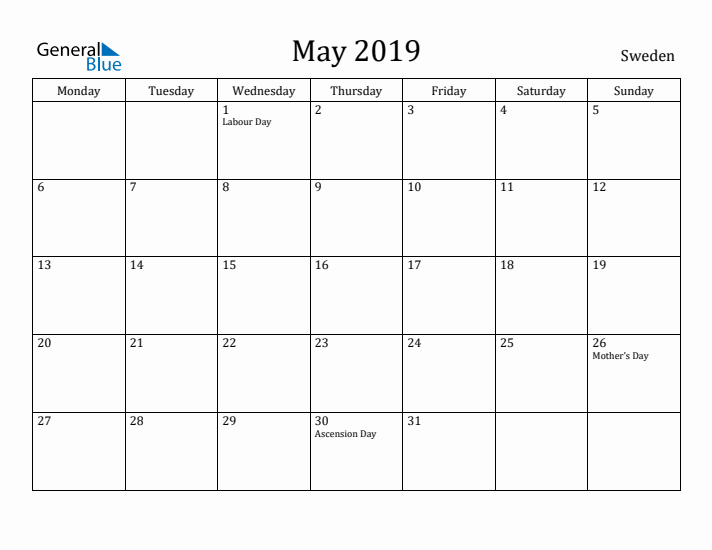 May 2019 Calendar Sweden