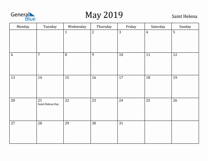 May 2019 Calendar Saint Helena
