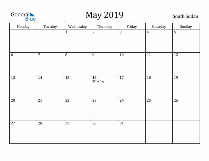 May 2019 Calendar South Sudan