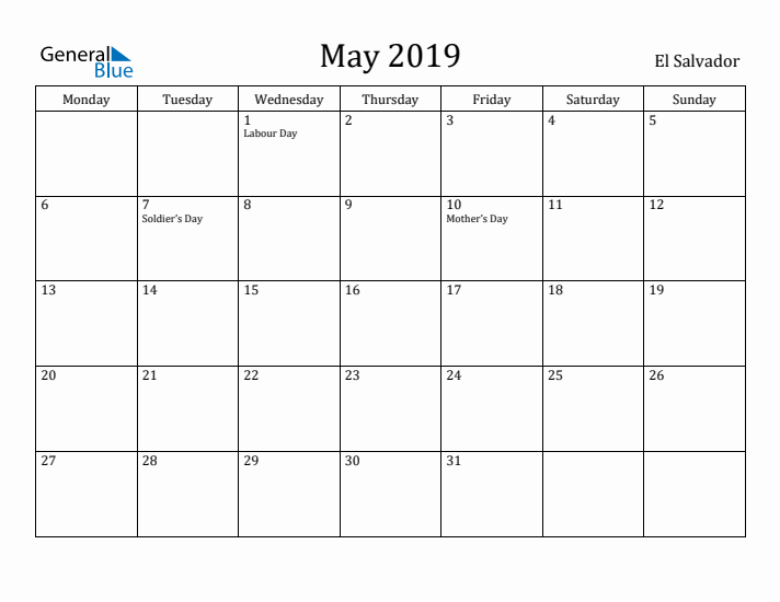 May 2019 Calendar El Salvador