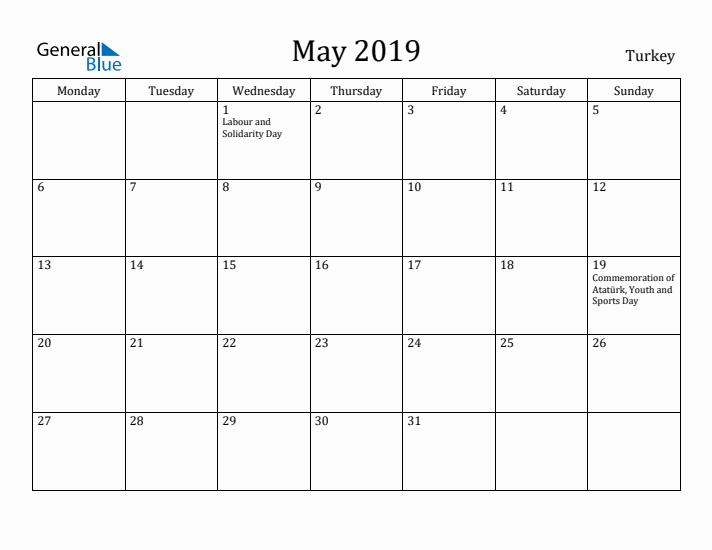 May 2019 Calendar Turkey