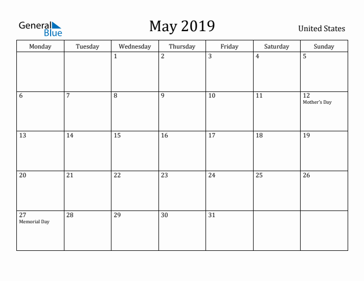 May 2019 Calendar United States