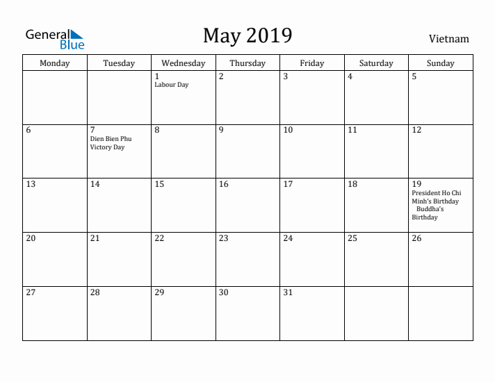 May 2019 Calendar Vietnam