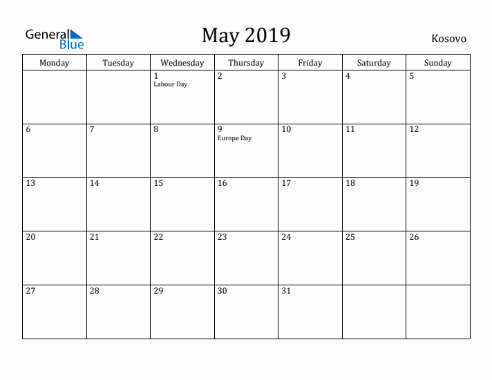 May 2019 Calendar Kosovo