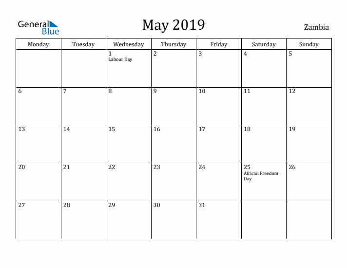 May 2019 Calendar Zambia