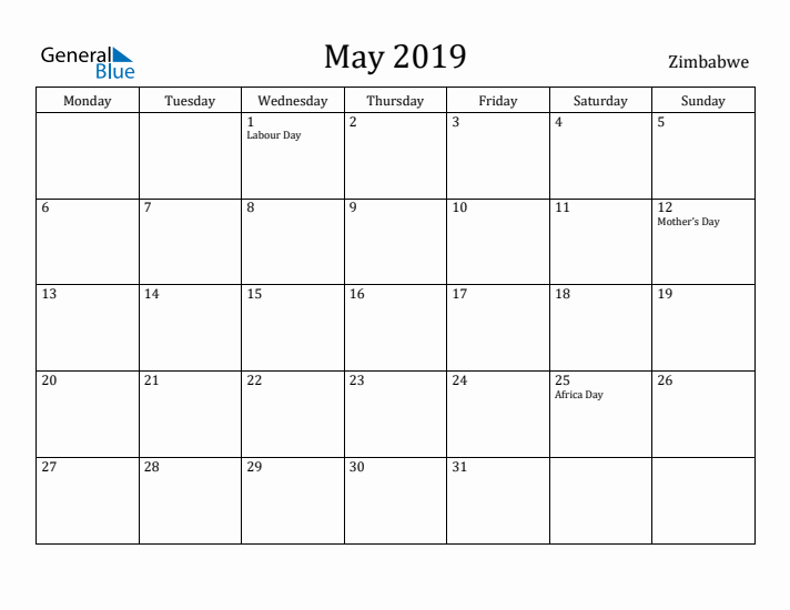 May 2019 Calendar Zimbabwe