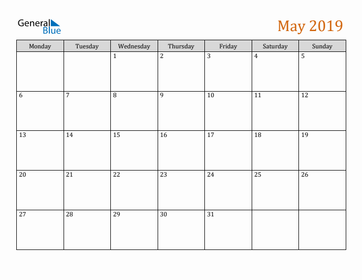 Editable May 2019 Calendar