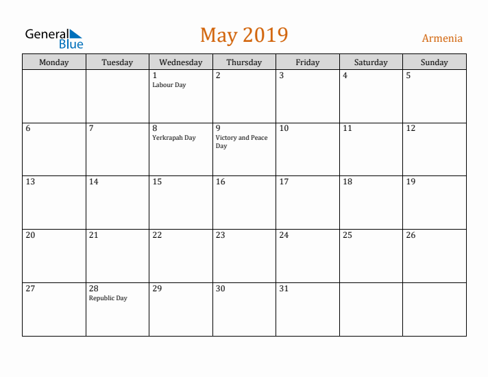 May 2019 Holiday Calendar with Monday Start