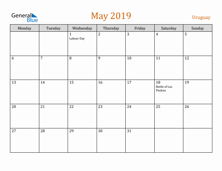 May 2019 Holiday Calendar with Monday Start