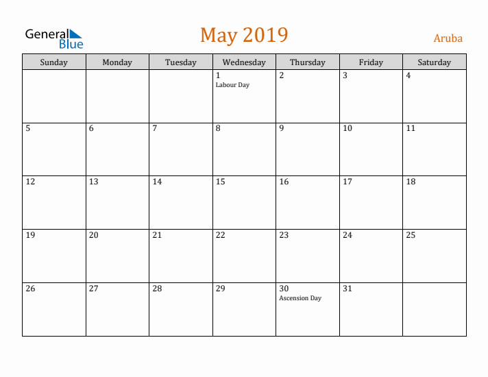 May 2019 Holiday Calendar with Sunday Start