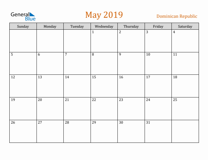 May 2019 Holiday Calendar with Sunday Start