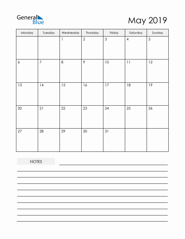 Printable Calendar with Notes - May 2019 