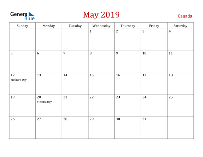 Canada May 2019 Calendar