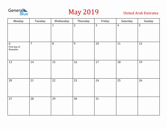United Arab Emirates May 2019 Calendar - Monday Start