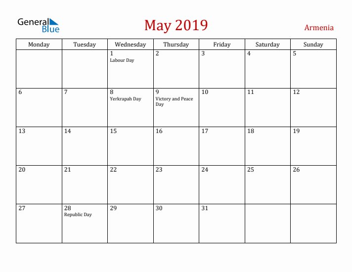 Armenia May 2019 Calendar - Monday Start