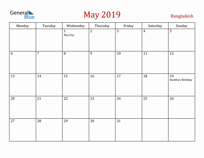 Bangladesh May 2019 Calendar - Monday Start