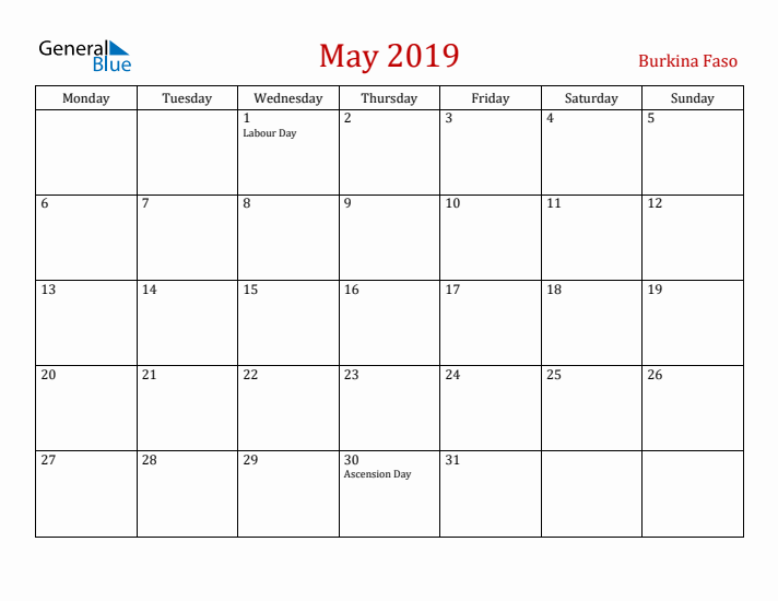 Burkina Faso May 2019 Calendar - Monday Start