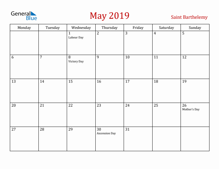 Saint Barthelemy May 2019 Calendar - Monday Start