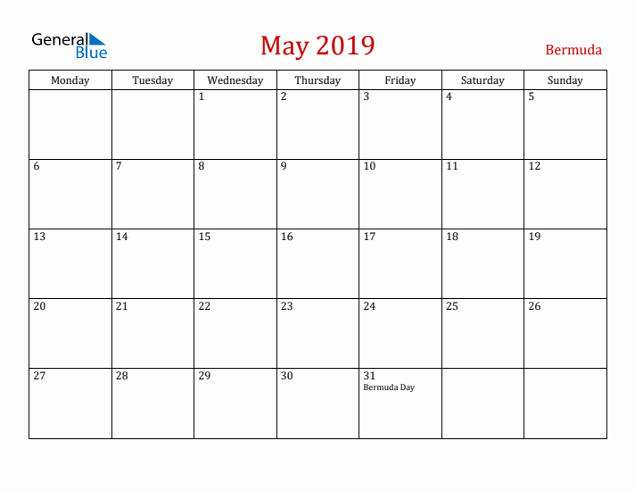 Bermuda May 2019 Calendar - Monday Start