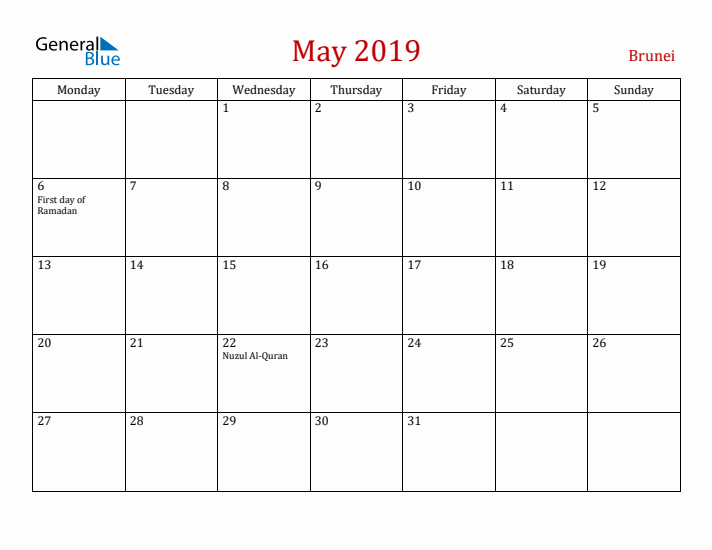 Brunei May 2019 Calendar - Monday Start