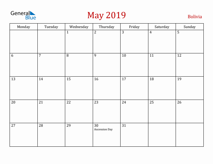Bolivia May 2019 Calendar - Monday Start
