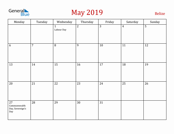 Belize May 2019 Calendar - Monday Start