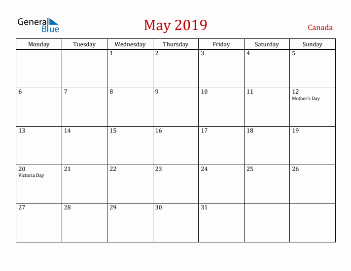 Canada May 2019 Calendar - Monday Start