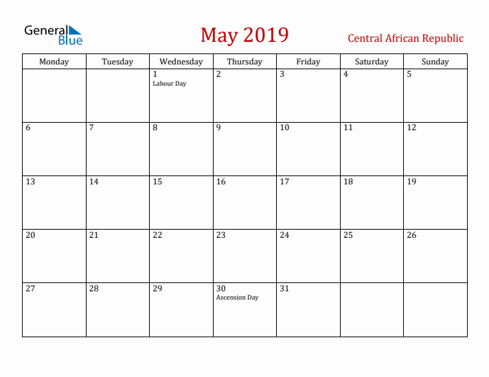 Central African Republic May 2019 Calendar - Monday Start