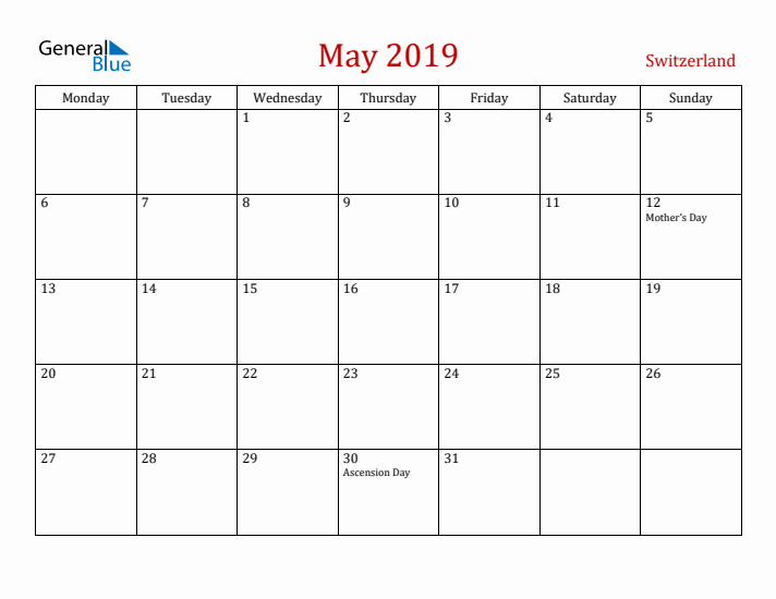 Switzerland May 2019 Calendar - Monday Start
