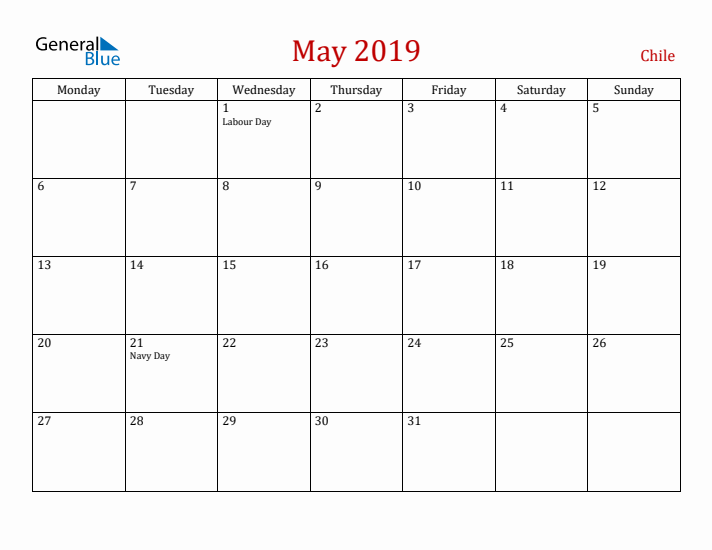 Chile May 2019 Calendar - Monday Start