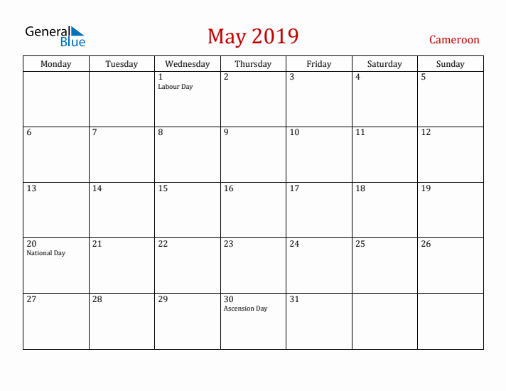 Cameroon May 2019 Calendar - Monday Start