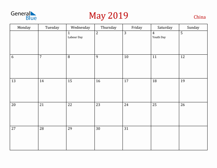 China May 2019 Calendar - Monday Start