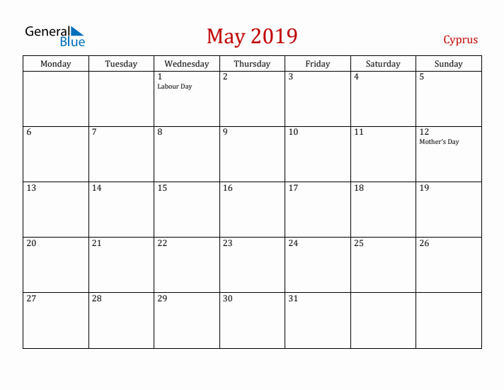 Cyprus May 2019 Calendar - Monday Start