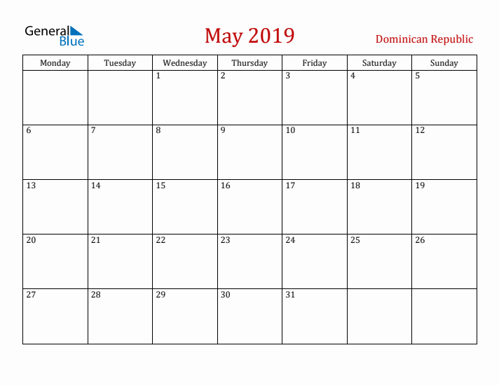 Dominican Republic May 2019 Calendar - Monday Start