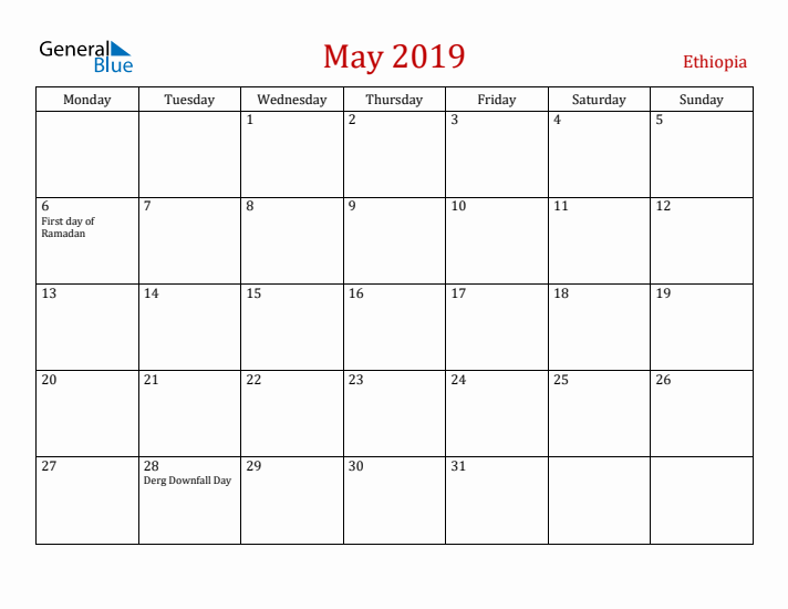 Ethiopia May 2019 Calendar - Monday Start